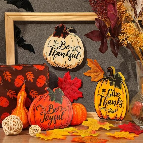 3 Pieces Thanksgiving Fall Decor Pumpkin Wood Sign Give Thanks Be Thankful - Picture 4 of 8